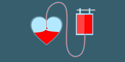 Illustration of donated blood bag leading an IV to a heart