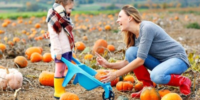 Women and child picking pumpkins