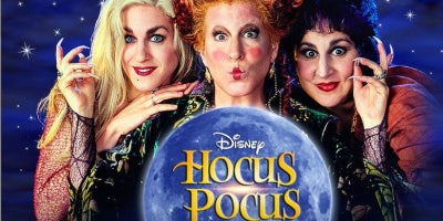 image of three sanderson sisters and disney movie title hocus pocus