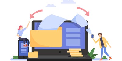illustration of a computer with files entering it and mobile phones being held by small cartoon people