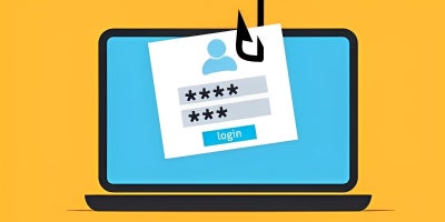 illustration of a computer with login screen being pulled by a fish hook