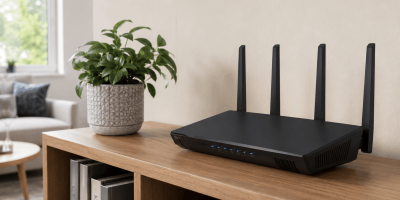 Black internet router on an entertainment center next to a potted plant 