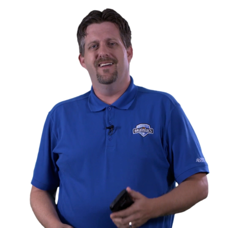 smiling male with buckeye brainiacs polo