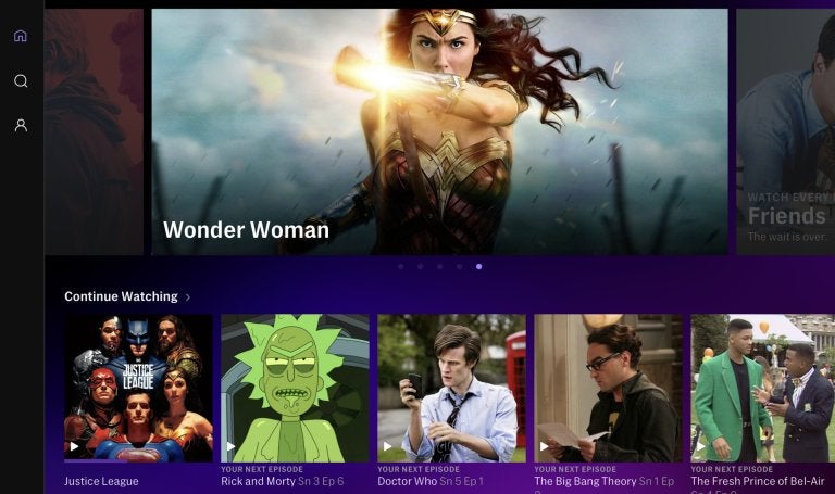 Screenshot of the HBO Max menu including Wonder Woman movie poster