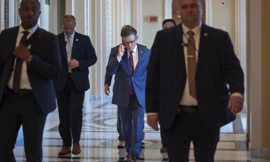 Speaker of the House Mike Johnson, R-La., leaves the chamber at the Capitol in Washington on July 17.