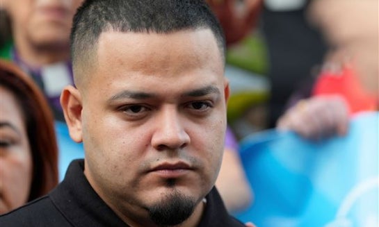 Kilmar Abrego Garcia joins supporters in a protest rally outside the Immigration and Customs Enforcement field office in Baltimore Aug. 25.