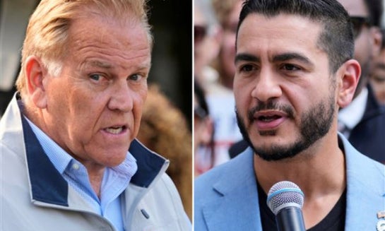 This combination photo of images taken in Detroit shows Senate nominees Republican Mike Rogers, Aug. 20, left, and Democrat Abdul El-Sayed, Aug. 19.