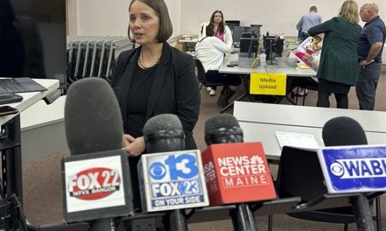 Maine's Secretary of State Shenna Bellows addresses a livestream as election workers scan ballots, Nov. 12, 2024, in Augusta, Maine.