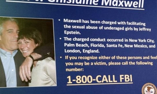 A board outlining the case against Ghislaine Maxwell is seen during a news conference to announce charges against Maxwell for her alleged role in the sexual exploitation and abuse of multiple minor girls by Jeffrey Epstein, July 2, 2020, in New York.