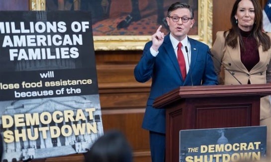 Speaker of the House Mike Johnson, R-La., is joined by Secretary of Agriculture Brooke Rollins at a news conference to talk about SNAP food aid benefits on day 31 of the government shutdown, at the Capitol in Washington Oct. 31.