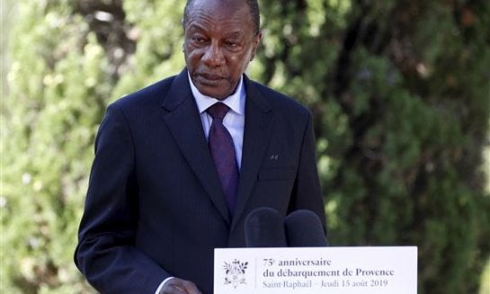 Guinean President Alpha Conde delivers a speech during a ceremony marking the 75th anniversary of the WWII Allied landings in Provence, in Saint-Raphael, southern France.