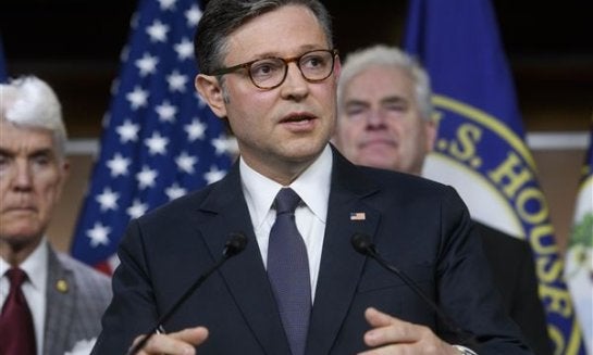 Speaker of the House Mike Johnson, R-La., speaks during a news conference at the Capitol on May 6.