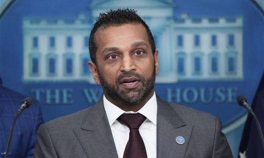 FBI Director Kash Patel speaks during a news conference with President Donald Trump in the James Brady Press Briefing Room at the White House, Monday, Aug. 11, 2025, in Washington. (AP Photo/Alex Brandon)