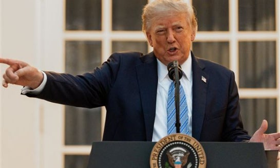 President Donald Trump speaks during a dinner in the Rose Garden of the White House on Sept. 17 in Washington.