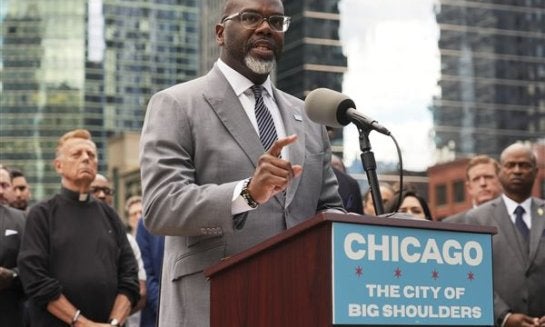Chicago Mayor Brandon Johnson speaks during a news conference at River Point Park Aug. 25 in Chicago.