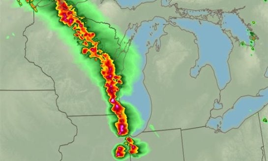 A forecast model shows one possibility of when and where powerful thunderstorms could roar through the Midwest on Thursday.