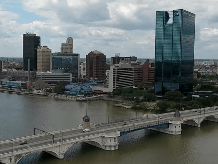 Arial view of Toledos bridge crossing waterway