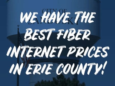 Image of Sandusky water tower with text overlaid: "We have the best fiber internet prices in Erie County!"