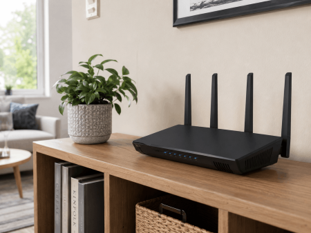 Black internet router on an entertainment center next to a potted plant 