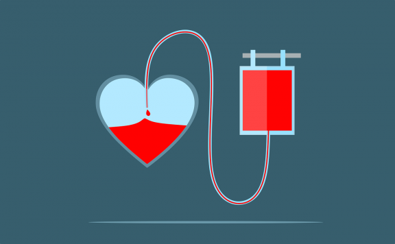 Illustration of donated blood bag leading an IV to a heart