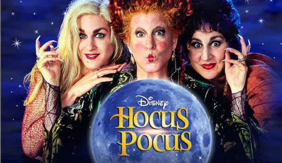 image of three sanderson sisters and disney movie title hocus pocus