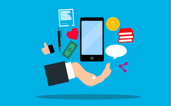 illustration of hand with mobile phone and various functional icons like money, books, chat window