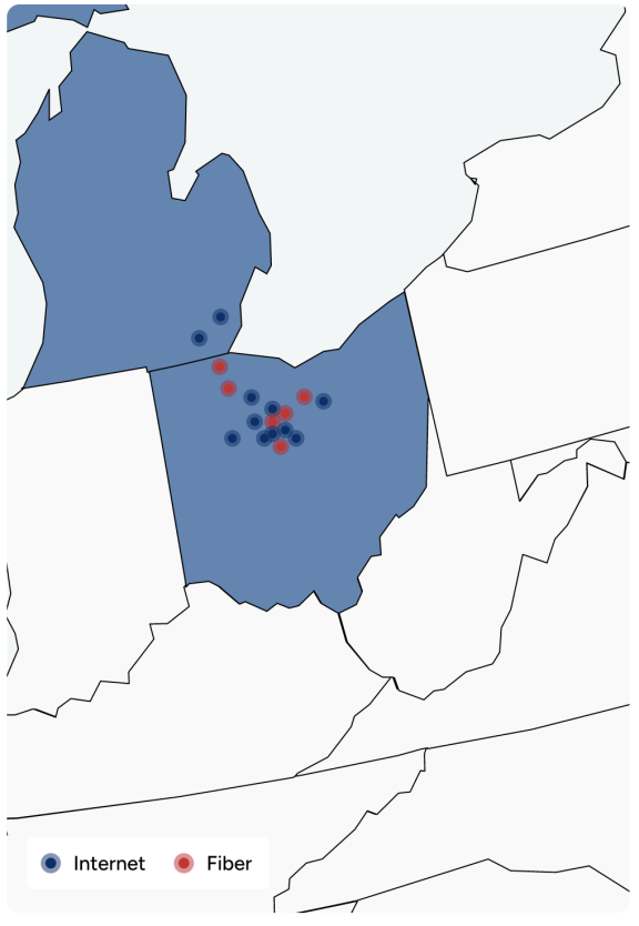 service area map with dots for fiber internet