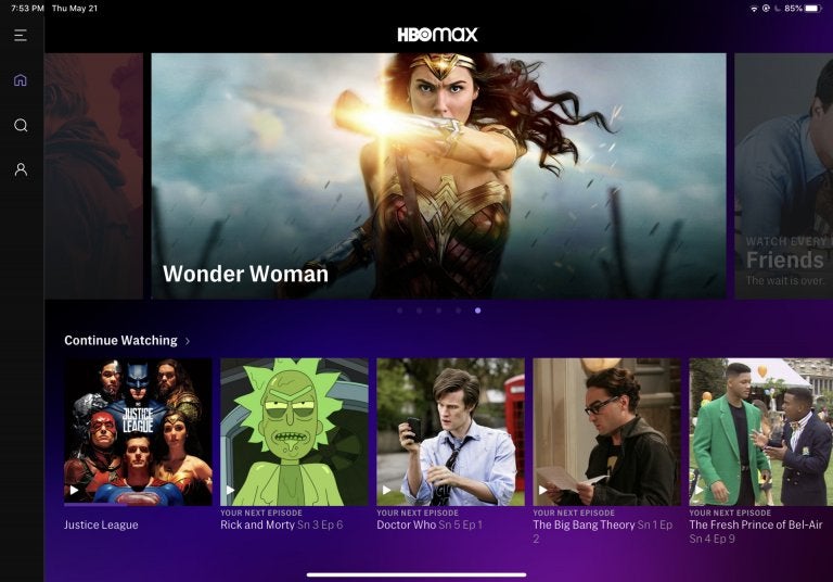 Screenshot of the HBO Max menu including Wonder Woman movie poster