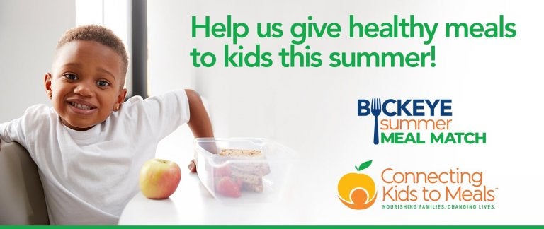 photo of a child with text that says help us give healthy meals to kids this summer