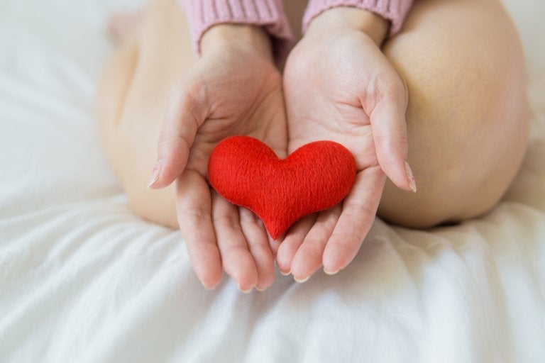 hands together holding fabric heart