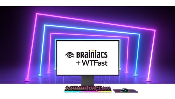 wtfast, gamer internet, computer screen and keyboard with brainiacs logo on screen