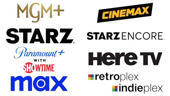premium entertainment, mgm+, starz, paramount+ with showtime, max logos