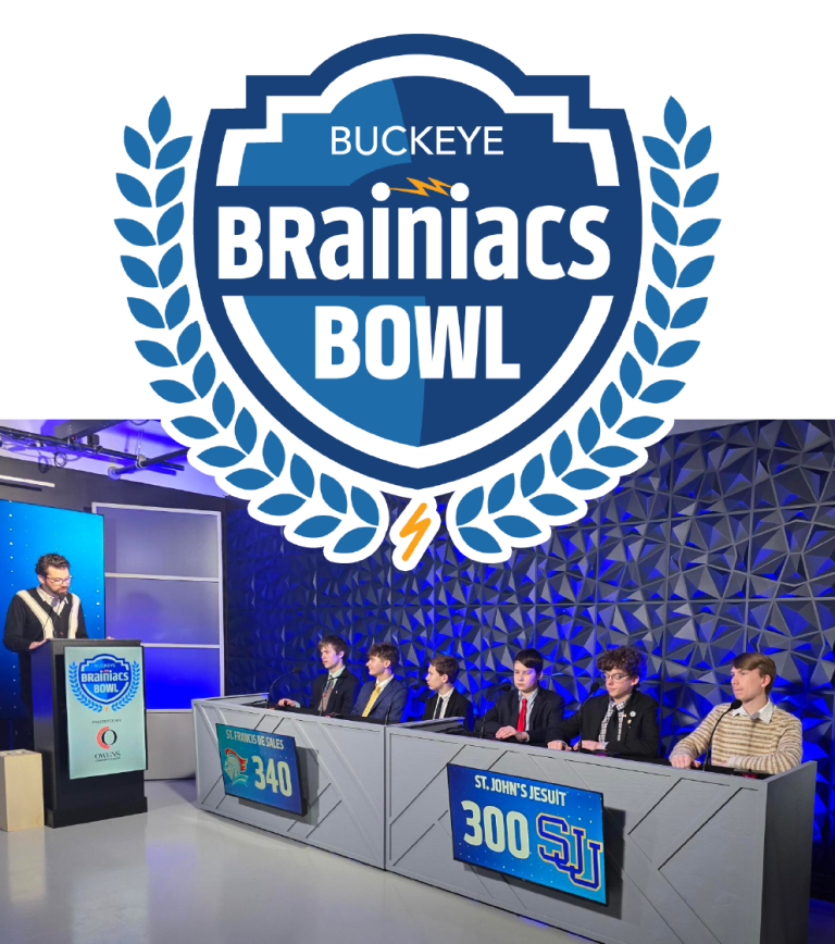 brainiacs bowl logo and tv set with players and host